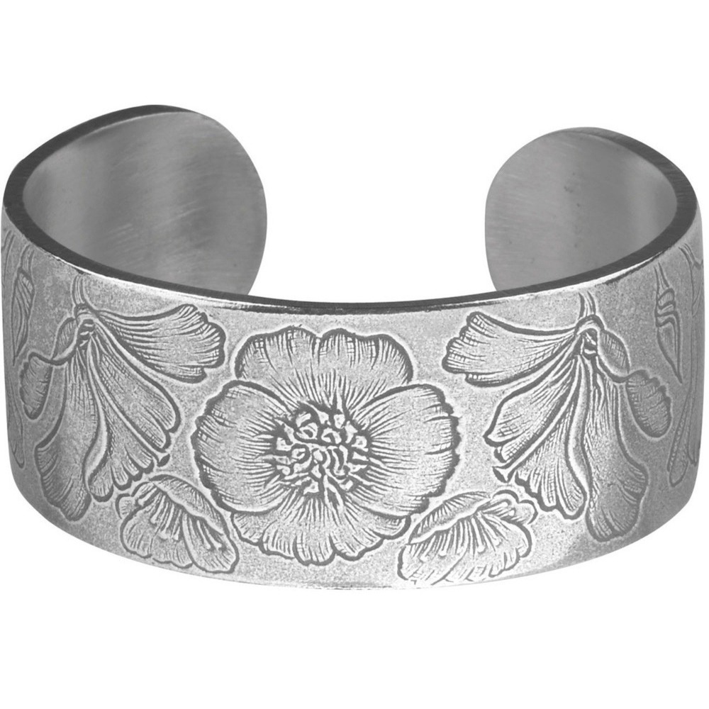 Vintage Salisbury Pewter Silver August Etched Poppy Flower Cuff‎ Bracelet